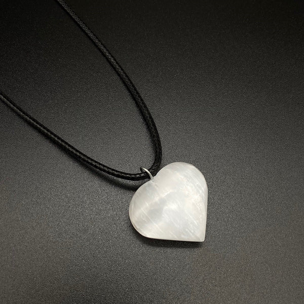 NATURAL SELENITE HEART CRYSTAL HYPOALLERGENIC CORD NECKLACE 16 to 28 INCHES UNISEX