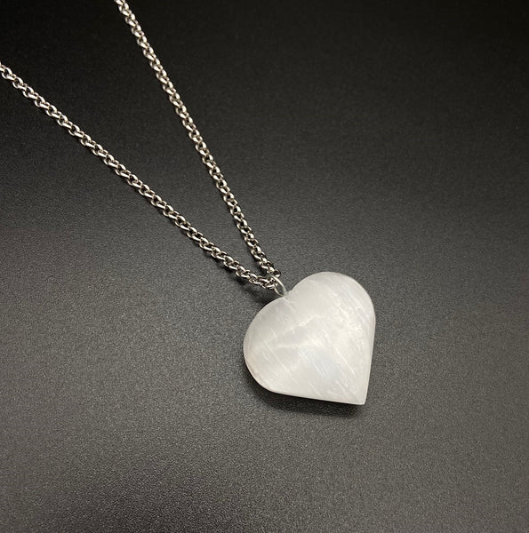 Natural Selenite Heart Gemstone Crystal Pendant Necklace