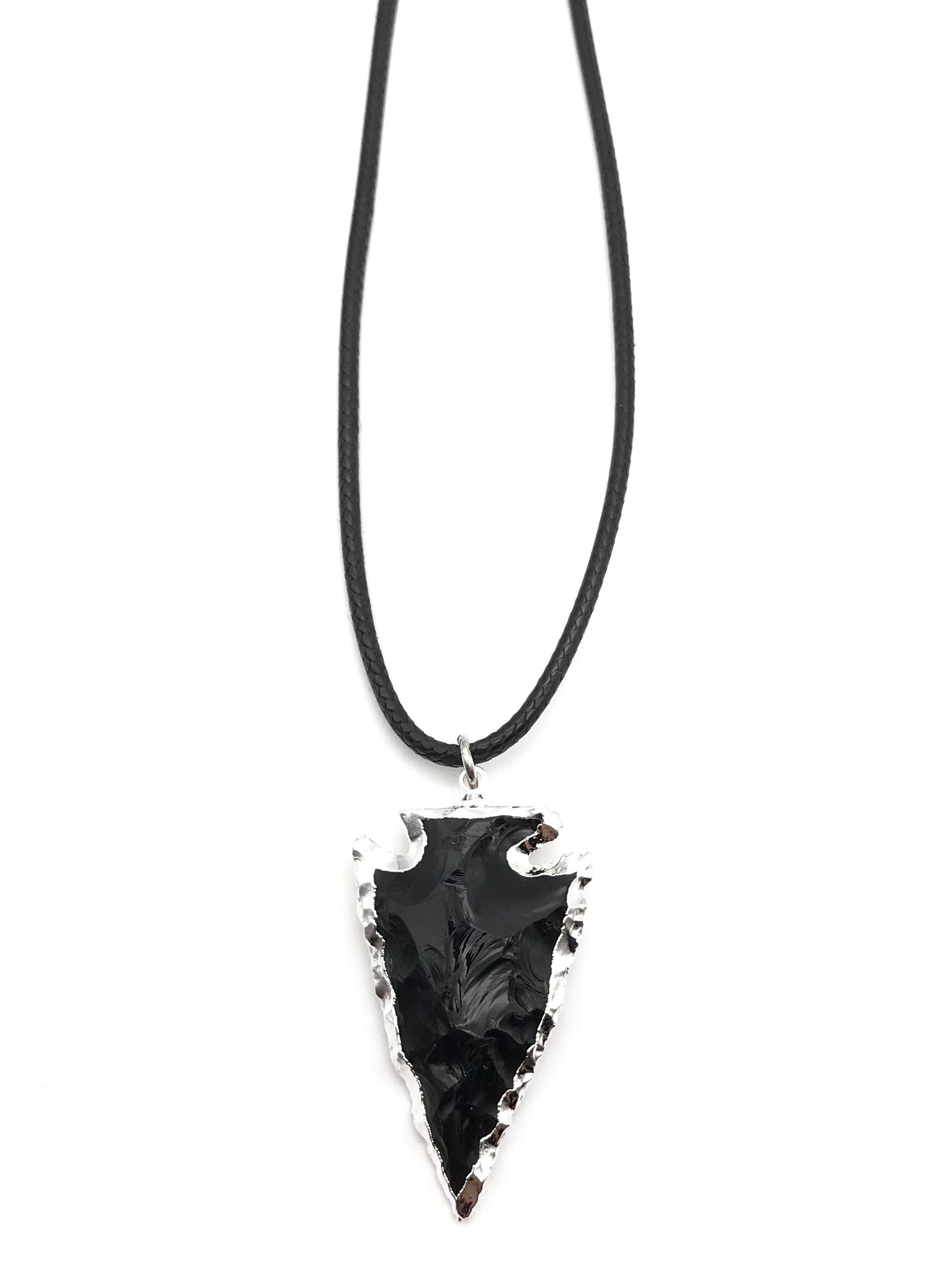 NATURAL GEMSTONE SILVER BLACK OBSIDIAN ARROWHEAD HYPOALLERGENIC CORD NECKLACE 16 to 28 INCHES UNISEX