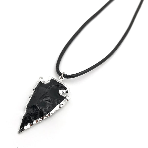 NATURAL GEMSTONE SILVER BLACK OBSIDIAN ARROWHEAD HYPOALLERGENIC CORD NECKLACE 16 to 28 INCHES UNISEX