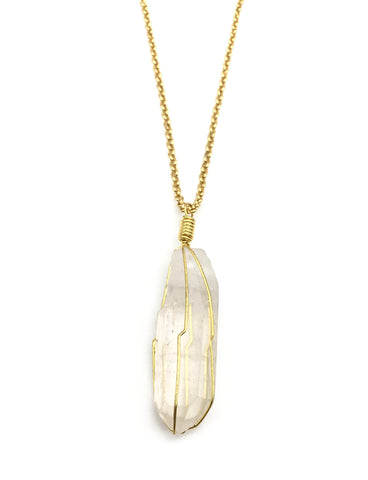 Natural Gold Caged Quartz Crystal Pendant Necklace